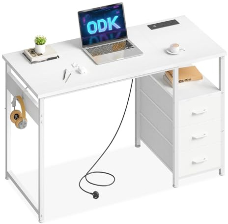 ODK Computer Desk with Drawers, 100cm Office Desk with Sockets, White | Reversible PC Desk with Storage, Study Work Desk for Home Office, Compact Bedroom Table, Partitioned Storage