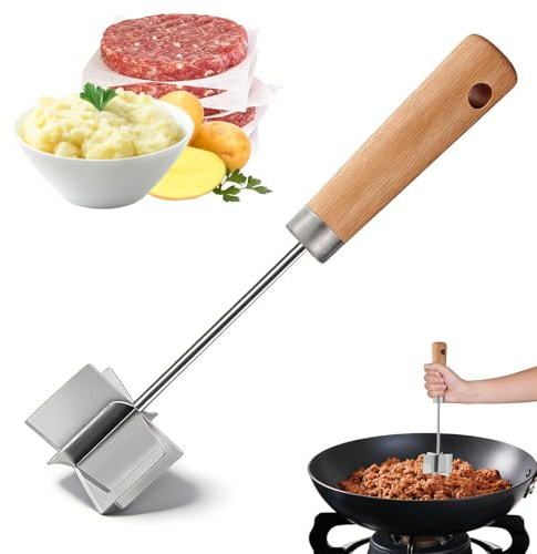BelleFlair Picadora de Acero Inoxidable, Picadora de Carne con Mango de Madera 28 cm, Pisapuré Versátil, Machacador Resistente al Calor, Utensilio de Cocina.