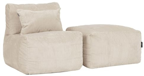 Icon Noa Cord Sitzsack Sessel und Hocker mit Füllung, Modular Sofa, Beige | In Deutschland Hergestellt, Boneless Sofa, Weicher Cordstoff, Sitzsack Cord Sofa für Wohnzimmer und Schlafzimmer