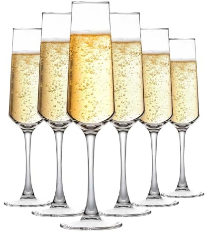 Vixtte Premium Champagne Flutes Set of 6, 195 ML Tall Stem Champagne Flutes, Lead-Free Crystal Glass, Prosecco Glasses, for Home, Restaurants & Parties