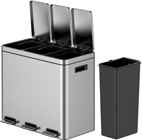Poubelle à Triple Compartiment en Acier Inoxydable avec Couvercle à Fermeture doucePoubelle rectangulaire à marchepied avec seaux intérieurs Amovibles(90Lift)