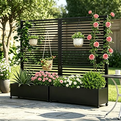 Pflanzkasten aus Metall für den Außenbereich mit Spalier, Hochbeet aus Metall mit Rad, freistehender Sichtschutz-Pflanzkasten für Blumen, Gemüse im Garten, auf der Terrasse, auf dem Balkon