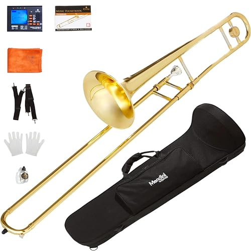 Mendini by Cecilio Bb Tenor Slide Trombone for Beginners - B Flat Brass Plated Trombone Instrument with Tuner, Music Book, Hard Case, Mouthpiece, Cleaning Kit & Gloves (Gold)