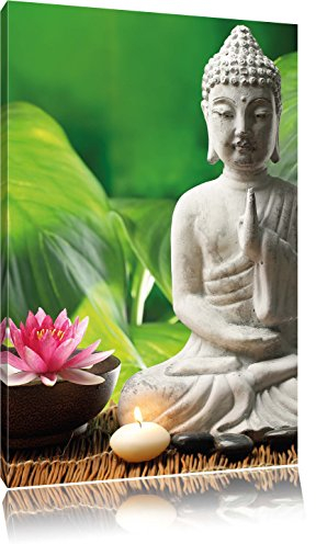 Pixxprint Seerosenblüte mit Buddha Statue, Größe: 60x40cm, Leinwandbild, fertig gespannt, Wandbild, Dekoration, Kunstdruck, kein Poster