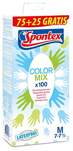 Spontex Color Mix Einmalhandschuhe (bunte, aus Vinyl im Farbmix, latexfrei und ungepudert) Größe M (1 x 100 Stück)