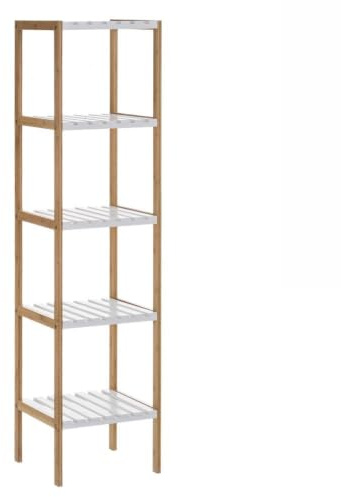 Estantería de pie de bambú natural con 5 baldas blancas de 33x34x140 cm | Estante bicolor para baño, cocina, despacho o salón. Almacenaje elegante de estilo nórdico. Resiste 5kg por balda
