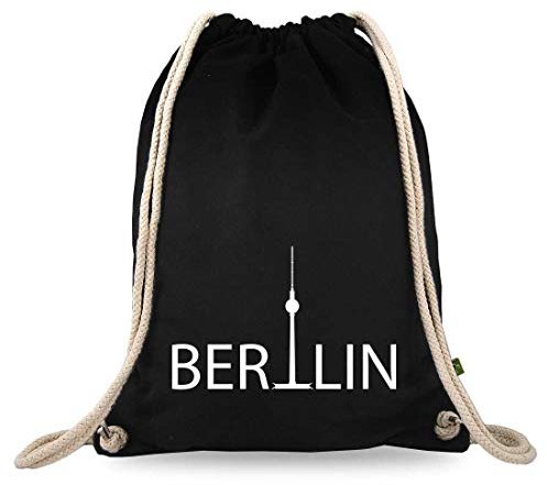 Turnbeutelliebe® Turnbeutel mit Motiv - Berlin Fernsehturm - Baumwolle schwarz - Sportbeutel - Rucksack - Stoffbeutel - ca. 12 Liter - 37 x 46 cm