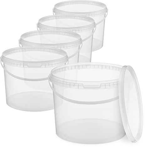BenBow Secchio con coperchio 10 litri trasparente 5x 10 litri - sicuro per gli alimenti, stabile, ermetico - contenitore di plastica, con manico - vuoto