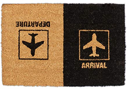 Relaxdays Zerbino in Fibra di Cocco “Arrival Departure”, Tappeto per l’Entrata, Interni e Esterni,40x60 cm,Naturale/Nero