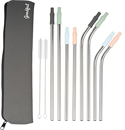 Goodful Reusable Stainless Steel Straw Set, Travel Case, Cleaning Brush, Removeable Silicone Tips, Assorted