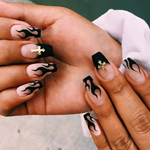 Brishow Coffin False Nails Flame Cross Fake Nails Press on Nails Ballerina Acrylic Full Cover Stick on Nails 24pcs for Women and Girls