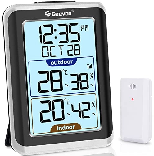 GEEVON Termometro digitale senza fili per interni ed esterni, misuratore di temperatura con tempo, sensore di umidità di temperatura di 60 m