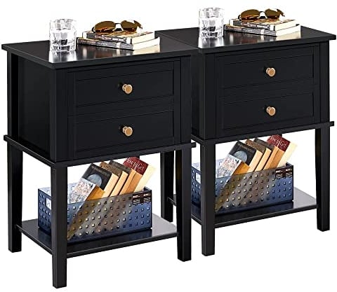 Yaheetech 2pcs Black Bedside Tables, Wood Nightstand Storage Cabinet Unit with 2 Drawers and Open Shelf, Sofa Side End Table for Bedroom/Living Room/Small Space, 35cm×45cm×61cm, Black