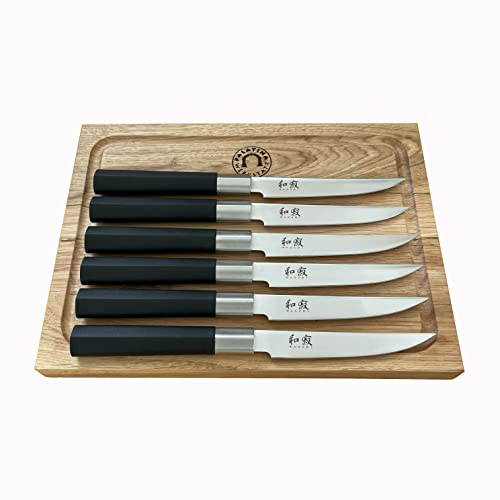 KAI Wasabi Black 67S-400 Steakmesser - Set 6-teilig - Der erste Wahl für Steakliebhaber und Profi-Köche + 100% handgefertigtes Schneidebrett Unikat aus Eiche 30x22cm