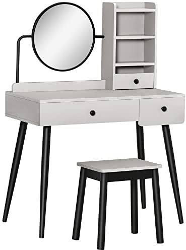 HOMCOM Dressing Table Set with Mirror and Stool, Vanity Makeup Table with 3 Drawers and Open Shelves for Bedroom, Living Room, Grey