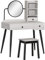 HOMCOM Dressing Table Set with Mirror and Stool, Vanity Makeup Table with 3 Drawers and Open Shelves for Bedroom, Living Room, Grey