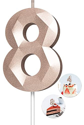 Number Birthday Candles(8 Candle Rose Gold) 3D Diamond Shape Number Happy Birthday Cake Candles for Birthday Party Wedding Decoration Reunions Theme Party