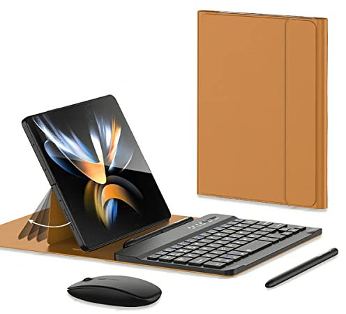 SHIEID Samsung Galaxy Z Fold 4 Keyboard with Bluetooth Mouse and Capacitive Pen Bluetooth Keyboard Wirelessly Connects with Leather Cover for Galaxy Z Fold4 & Galaxy Z Fold3, Brown