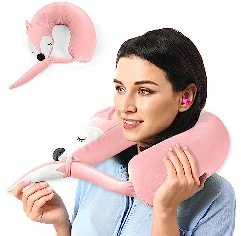 URAQT Oreiller de Voyage, Oreiller de Soutien fox pour Le Cou des Enfants, Coussin Ergonomique Voyage pour Avions, Voitures, Autobus, Voyage et Trains(Rose)