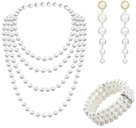 Cosswe Perlen Schmuck Set für Damen, Vintage Imitation Perlen Halsketten Perlenkette Perlenkette Perlen Ketten Modeschmuck Damen Perlenkette für Party Abschlussball Hochzeit Festival