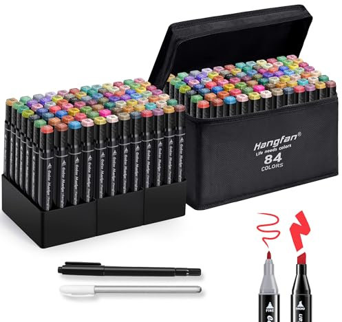 hangfan Alcohol Based Ink Art Markers, 84 Colors Broad&Fine Dual Tip Permanent Markers Pen Set for Professional Coloring Illustrations Sketch Drawing Painting Card Making (Black)