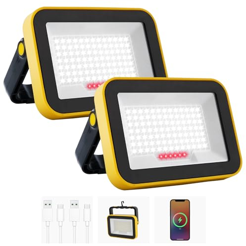 NATPOW Projecteur Led Rechargeable, 5 Modes Projecteur Led Chantier Batterie avec Câble USB, 4000mAh Lampe de Chantier Portable, IP65 Étanche Lampe de Travail pour Garage, Camping, Pêche, 2 Pièces