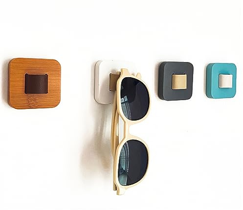 FINDAMAZE Sunglasses Organizer Wood Sunglasses Storage Wall Mounted Eyeglasses Holder Eyewear Display,Home Decor, (4pcs-Short-Grey/White/Blue/Wood Color)
