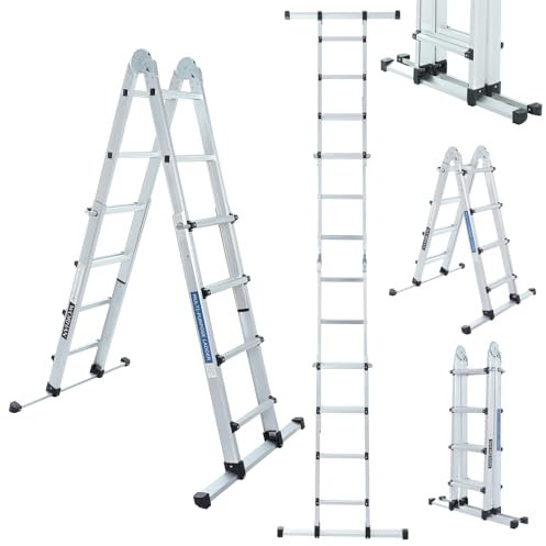 WORHAN Echelle de 410cm Aluminium Telescopique Extensible avec Stabilisateur Pliable Polyvalente Escabeau Robuste LG4
