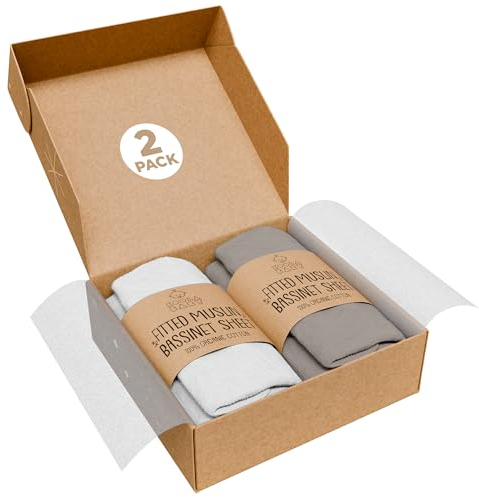 Stubenwagen-Spannbettlaken, kompatibel mit Chicco LullaGo Anywhere, Baby-Wiege, 100 % Bio-Musselin-Baumwolle, Weiß + Grau, 73 x 35 cm (2 Stück)