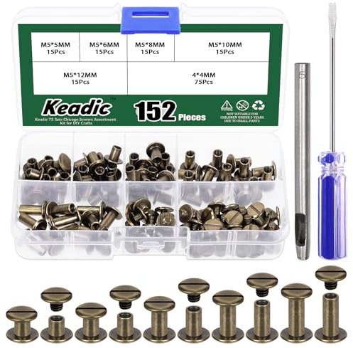 Keadic 152Pcs 5 Sizes Chicago Screws Assortment Set with Setting Tool, M5 x 5/6/8/10/12mm Flat Head Leather Rivets, Bookbinding Posts Nail Studs for Purse Collar Belt Shoes DIY (Bronze)