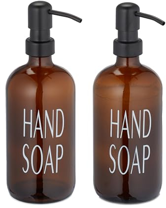 Relaxdays Glas Seifenspender, 2er Set, Edelstahl-Pumpkopf, nachfüllbar, Bad, Küche, Flüssigseifenspender, 500 ml, braun