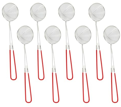 Ashuxxn 8 Stück Fondue Sieb Kescher für Fondue Fondue Sieb Edelstahl Küchensieb mit Griffen Feinmaschig Küchensieb Edelstahlspinne Siebkelle Küchensieb für Küche Braten Lebensmittel (Rot)
