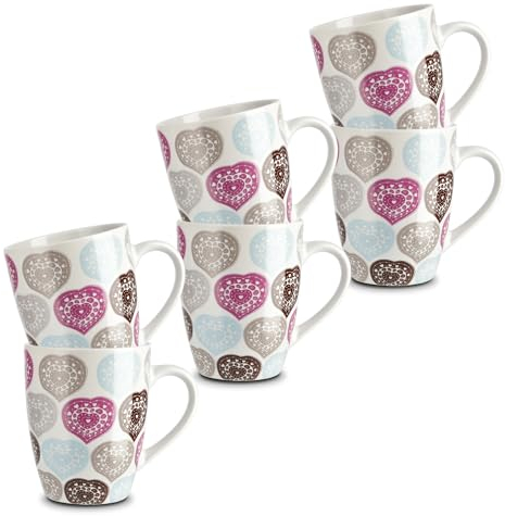 KHG 6er Set Kaffeebecher 300ml Volumen aus hochwertigem Steinzeug, Kaffeetasse mit Herzprint, Kaffeebecher mit Henkel, spülmaschinengeeignet, mikrowellengeeignet