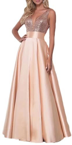 Col en V Femmes Robe De Bal 2024 sans Manches Paillettes Satin Longue Robe De SoiréE Formelle avec Poches Rose Gold XS