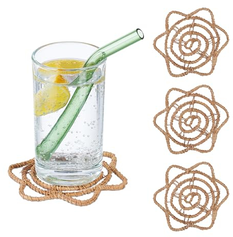 Relaxdays Untersetzer, 4er Set, Palmenblatt, für Gläser & Tassen, Boho Design, Getränkeuntersetzer, BxT: 10x10 cm, Natur