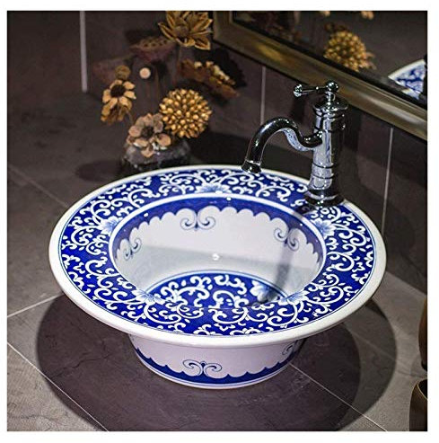 NOALED Tocador De Baño Lavabo sobre Encimera, Fregadero De Porcelana Vintage De 19con Forma De Maceta sobre Encimera Cuencos De Arte Pintados A Mano
