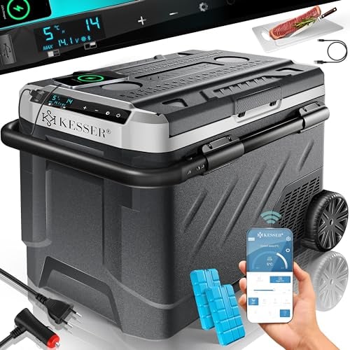 KESSER® Kompressor Kühlbox elektrisch 61 Liter | Camping Gefrierbox mit LED-Touch| Mit APP-Steuerung & Kühlakkus USB-Anschluss 12/24 V 230V | Kühlschrank Kühlung bis -20 °C für Auto LKW Grau Weiß