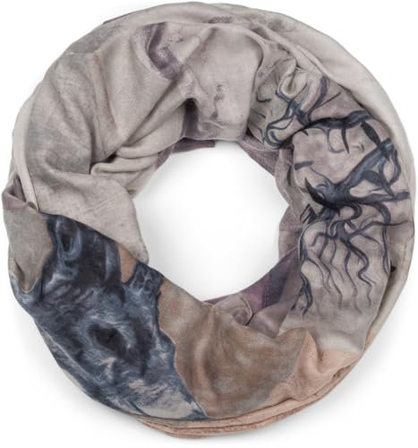 styleBREAKER Damen Loop Schal mit Hirsch Print und geometrischer Einteilung, Schlauchschal mehrfarbig, Tuch 01017131, Farbe:Grau-Mauve