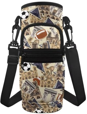 Jeiento Water Bottle Carrier Bag Soccer＆Rugby Print Stainless Steel and Plastic Bottles Sleeve for Men Women Tour Vacation Gym Park Sports
