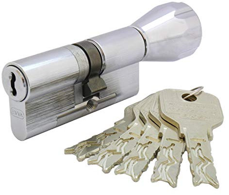 EVVA 4KS Knaufzylinder 41/41K | Hochsicherheits-Zylinder Schließzylinder mit Bohrschutz Ziehschutz Picking-Schutz | Patentschutz | 5 Schlüssel und Sicherungskarte (K=Knauf/Innenseite) | Chrom poliert