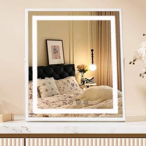 Famihomii Schminkspiegel mit Beleuchtung Groß, kosmetikspiegel mit Licht 3 Lichtfarben Touch-Steurung, Schminktisch Spiegel 360° Drehbar 25 x 30 cm