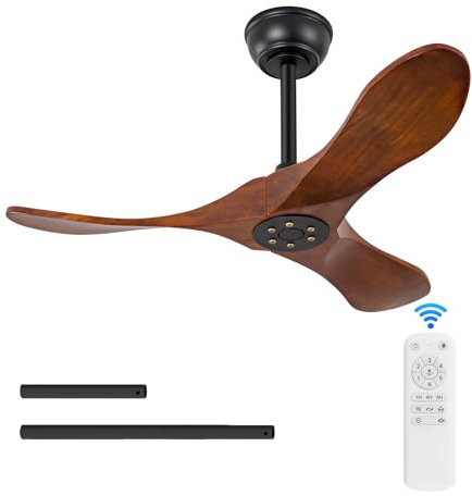 BOJUE - Ventilador de Techo de Madera Maciza de 91 cm, 6 Velocidades, Motor CC Reversible, Silencioso, Moderno, Negro, con Control Remoto y Temporizador
