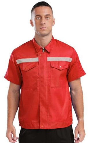 Fldy Herren Arbeitsjacke Reflektierende Warnschutzjacke Kurzarmhemd Multifunktionale Berufsjacke Fabrikarbeiter Mechaniker Motormechanik Schutzjacke Rot L