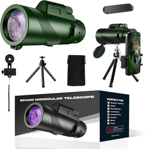 80x100 Monokular Teleskop High Power - HD Monokular mit Smartphone Adapter, Stativ & Bonus Magnetische Auto Handyhalterung für Vogelbeobachtung, Sternenbeobachtung, Jagd, Camping und Reisen (Grün)