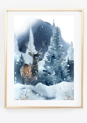 Din A4 Kunstdruck ohne Rahmen - Winterlandschaft mit Hirsch - Reh Schnee Landschaft Aquarell - Winter Weihnachten - Druck Poster Bild