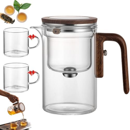 Teiera Magica,Teiera Vetro con Infusore,Teiera della Stregoneria,Teiera in Vetro con Separazione d'Acqua e Manico in Legno, Infusore in Acciaio Inox Removibile (600ML +2 Cups)