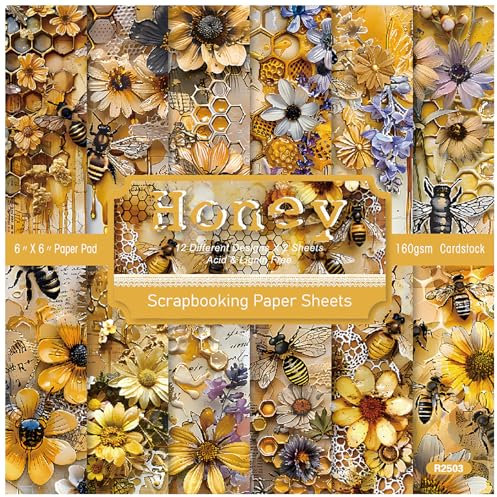 ZAKHSE Motivpapier Frühling, 24 Blatt Bienen Blumen Motive Designpapier 15,2x15,2cm Einseitig Bedruckt Gold Scrapbook Papier Bastelpapier Bunt für DIY Bastelarbeit Kartengestaltung-12 Designs