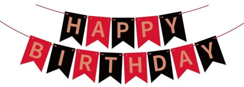 Kiyanest Bannière Anniversaire Noir & Rouge – Guirlande Happy Birthday Réutilisable & Élégante avec Lettres Or Rose, Idéale pour Fêtes en Intérieur & Extérieur