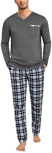 Leversic Vinterpyjamas herr bomull pyjamas set pläd pyjamas set rund hals sovkläder långärmad pyjamas och långa rutiga sovbyxor, Mörkgrå, 4XL
