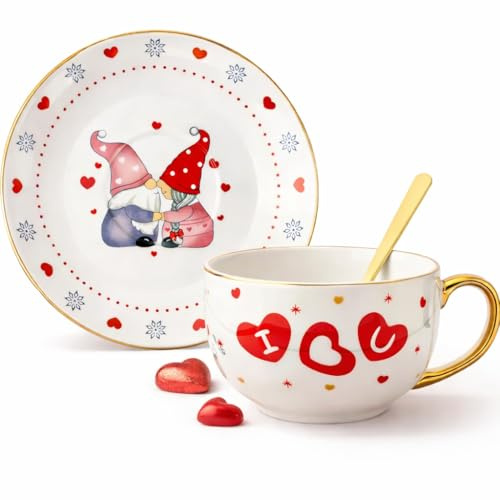 Topsky Porzellan Kaffeetassen Set für Paare (310ml) mit Untertassen & „I Love You“ Wichtel Design – Romantisches Geschenk für ihn & sie, ideal für Valentinstag, Hochzeit oder Jahrestag